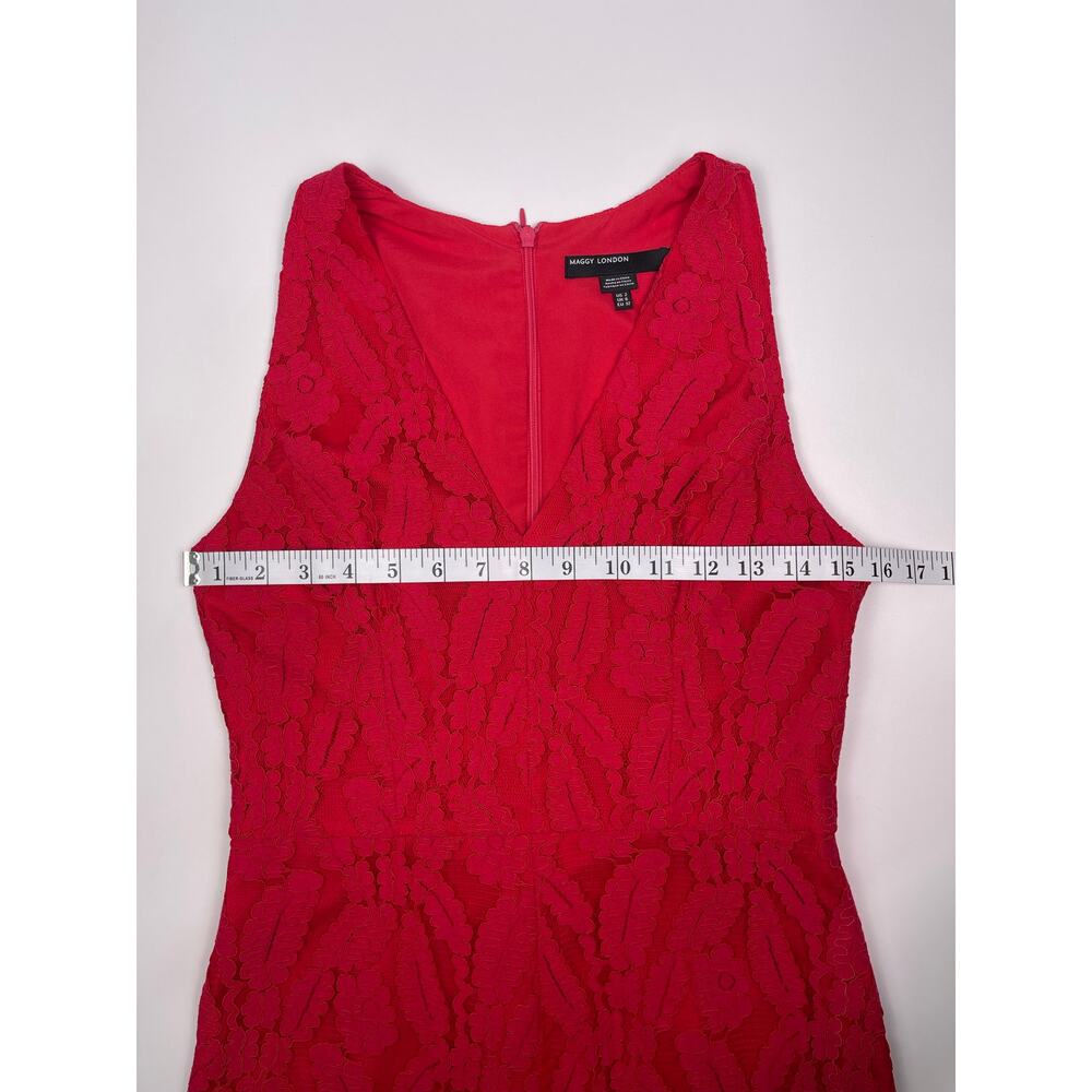 Maggy London Red Lace Sleeveless V Neck Cocktail Dress Size 2 Midi - Picture 9 of 11